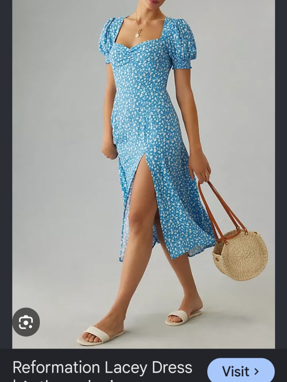 Reformation Blue Ditsy Puff-Sleeve Midi Dress
